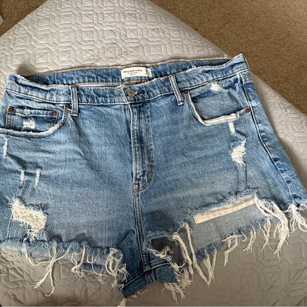 Abercrombie & Fitch High Rise The Mom Light Blue Distressed Jean Shorts